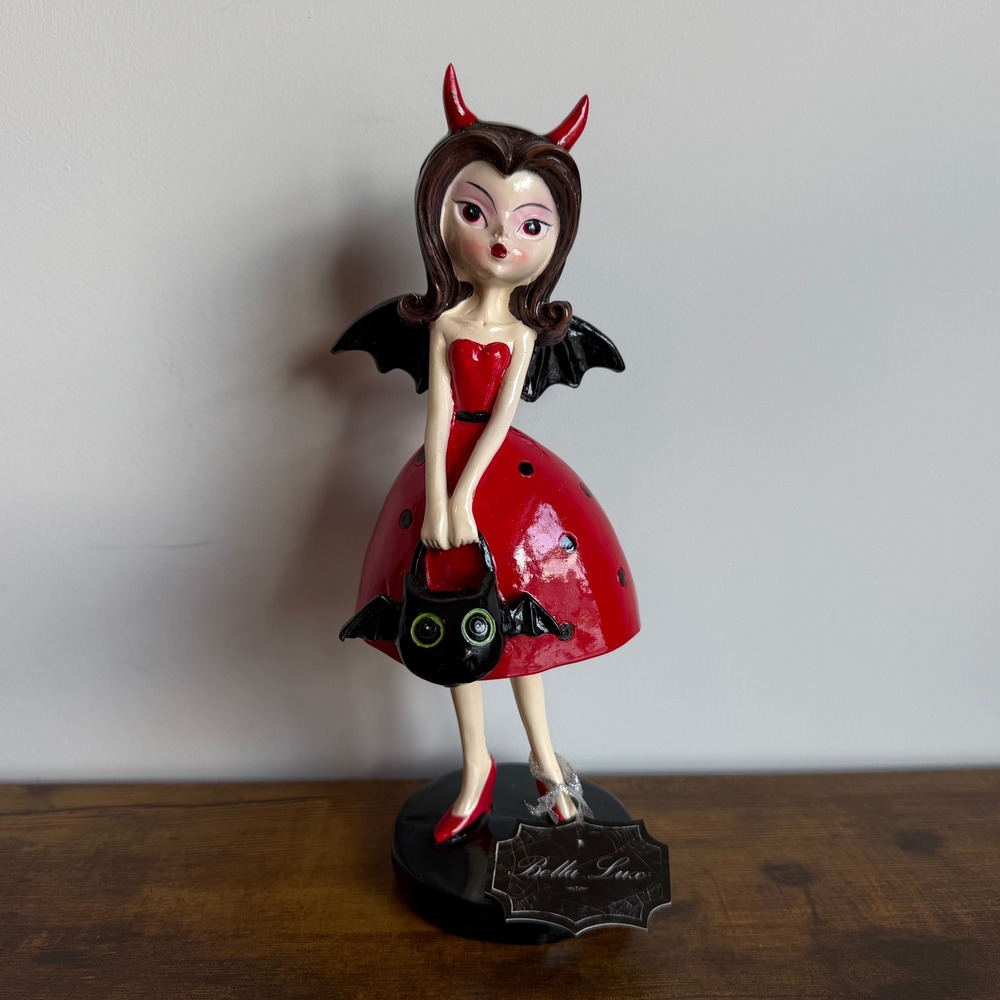 New Bella Lux Devil Girl Black Red Figurine Halloween Bat Horns Wings Costume